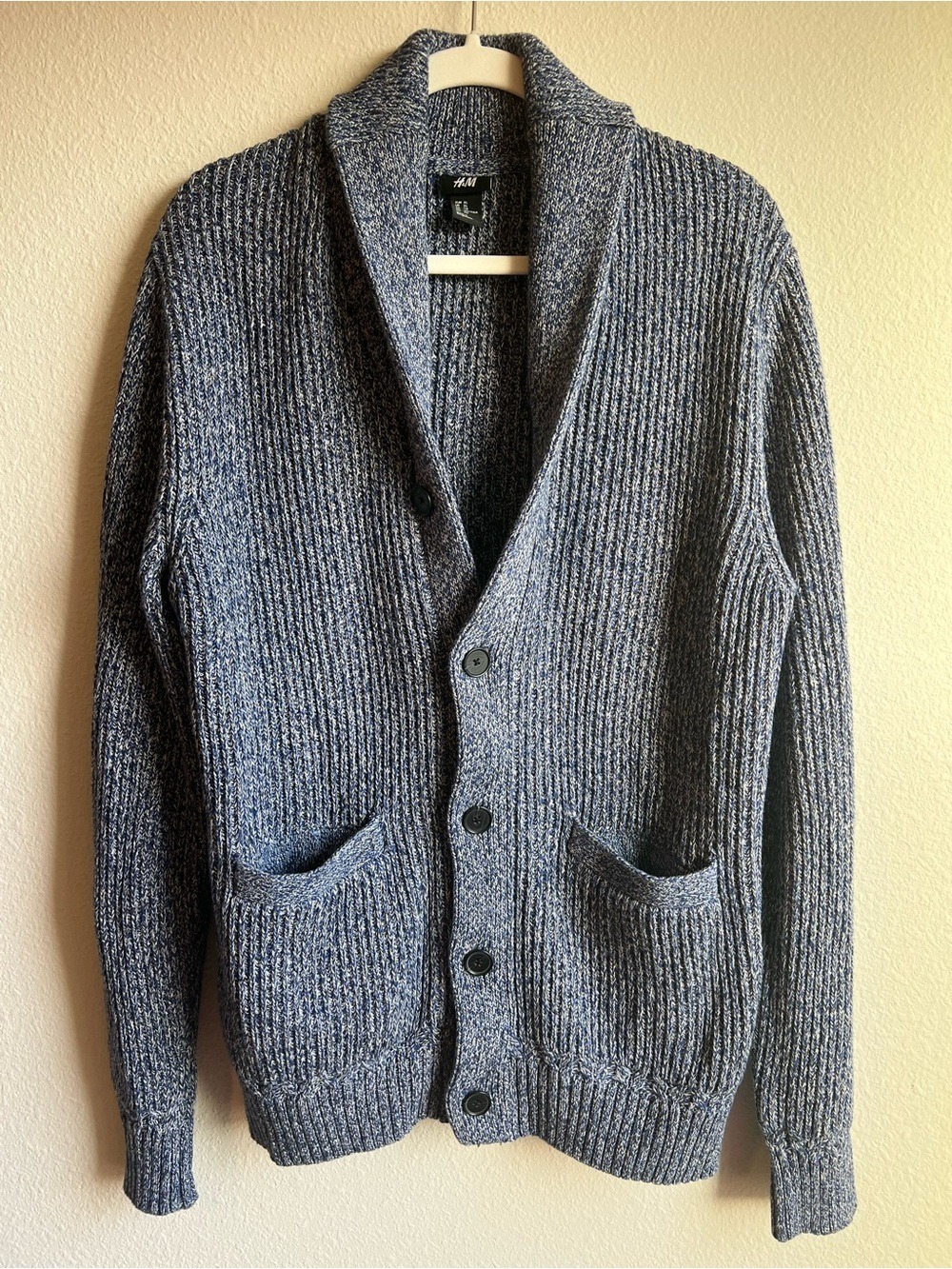 H&M Men's Heathered Navy Shawl-Collar Button Cardigan Coastal Preppy Knit